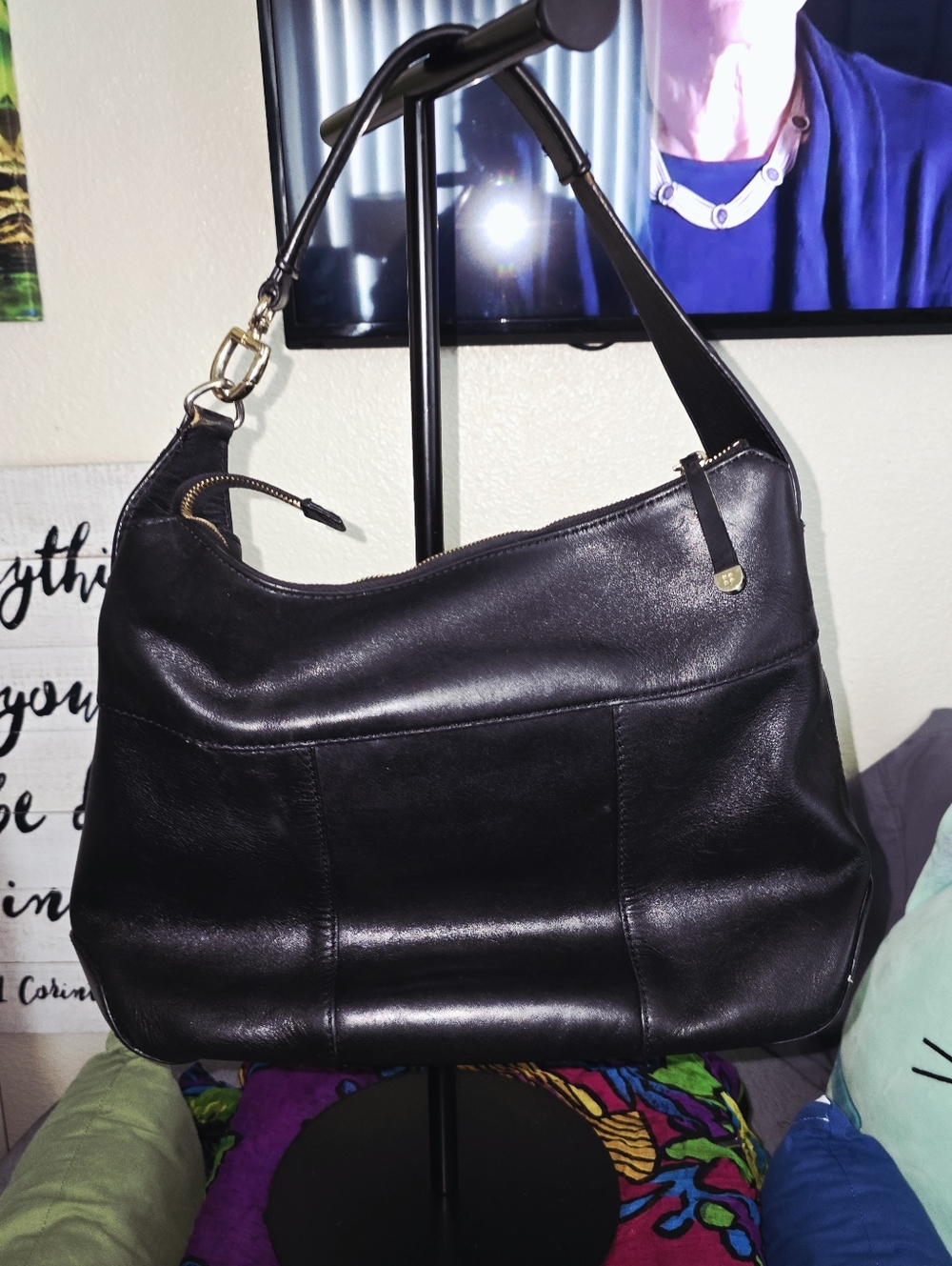 ♠️kate spade Black Leather Shoulder Bag with Multicolor Printed Scarf EUC - Picture 4 of 9